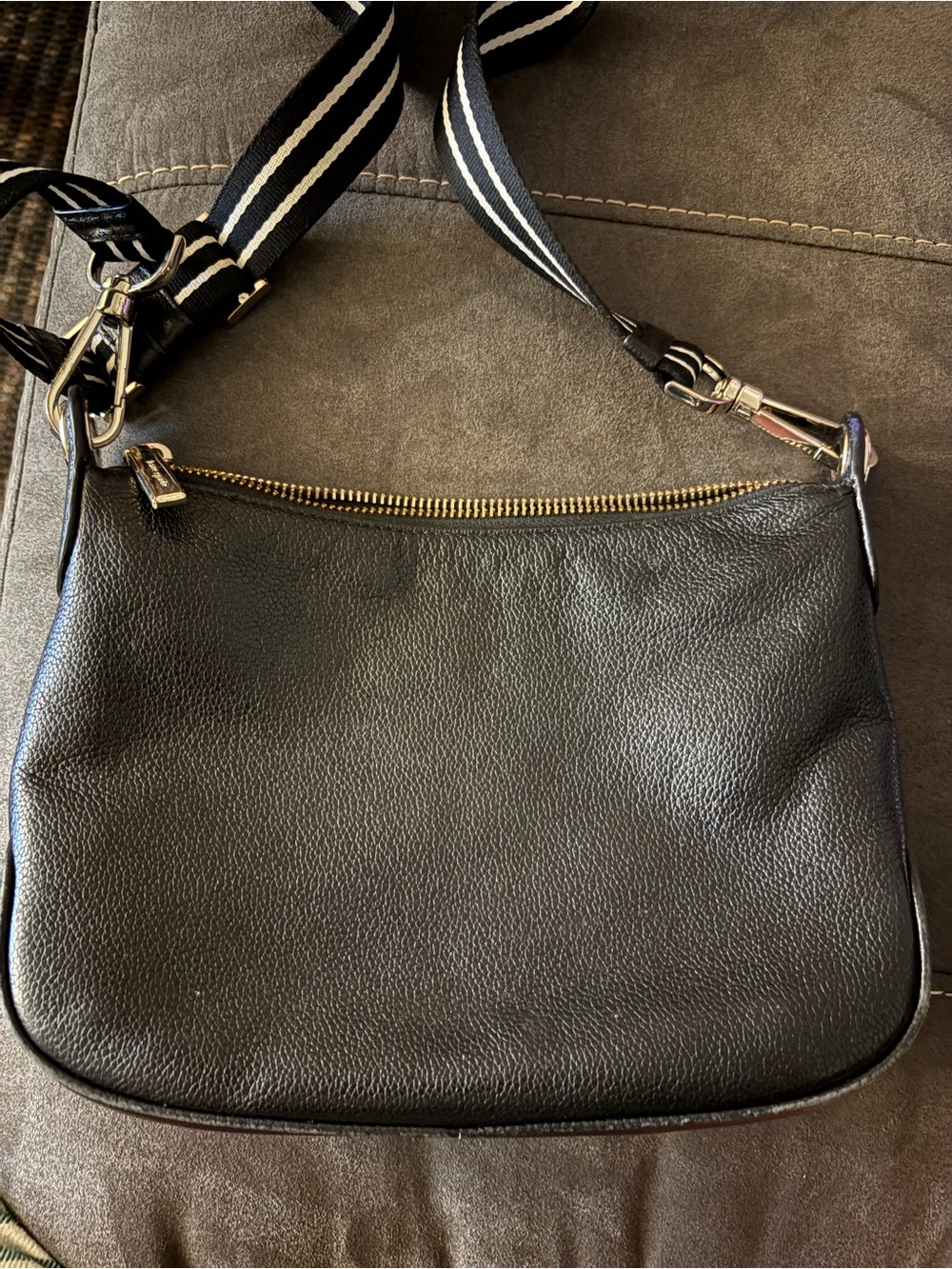 kate spade Black Pebbled Leather Crossbody with Striped Webbing Strap